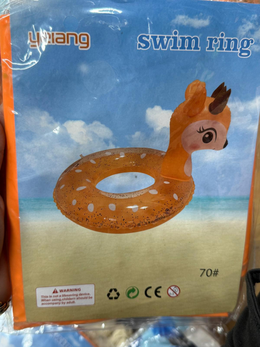 Colac inot copii 70 cm model caprioara 3D, culoare portocalie cu glitter si detalii dragalase, din PVC gonflabil rezistent pentru piscina sau mare,  [2]