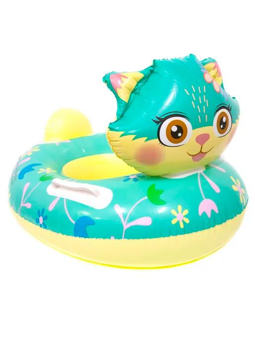 Colac inot copii cu fata 3D pisicuta, model roz sau verde, cu manere laterale si suport picioare, gonflabil, ideal pentru piscina, mare sau vacanta,  [3]