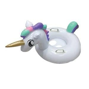 Colac inot copii in forma de unicorn alb cu cap 3D, coada si corn auriu, cu manere laterale, gonflabil, ideal pentru piscina, mare sau vacanta de vara,  [2]