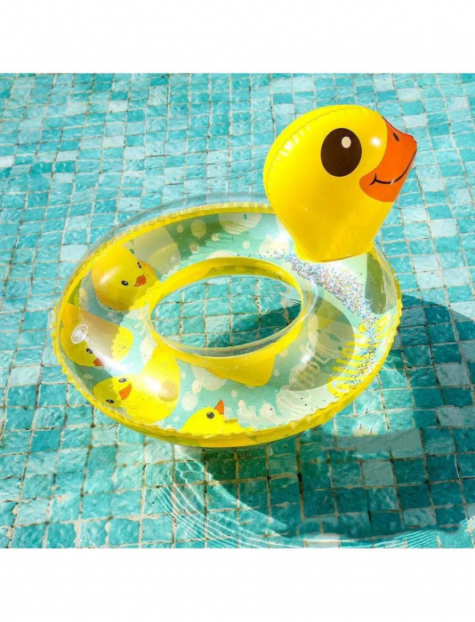 Colac inot copii model ratusca galbena cu cap 3D si glitter, design transparent cu imprimeu vesel, gonflabil din PVC durabil, ideal pentru piscina sau mare,  [3]