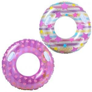 Colac inot gonflabil 90cm cu manere pentru copii si adulti, model colorat cu stele si inimioare, design atractiv cu sclipici, ideal pentru piscina, mare sau vacanta de vara,  [5]