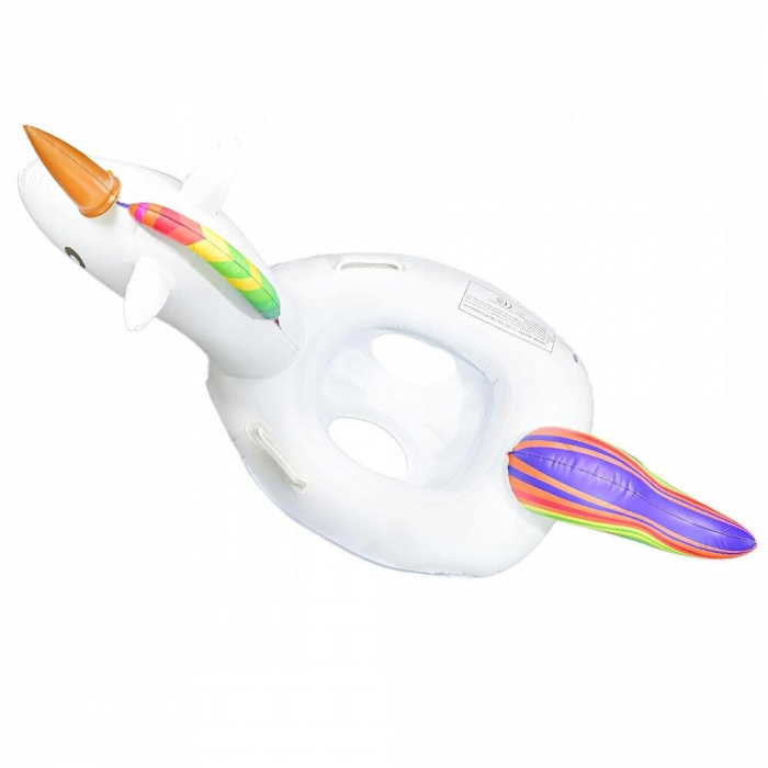 Colac inot unicorn gonflabil pentru copii si adulti, model alb cu corn auriu si coama curcubeu, manere laterale si design 3D, ideal pentru piscina, mare sau vacanta,  [3]