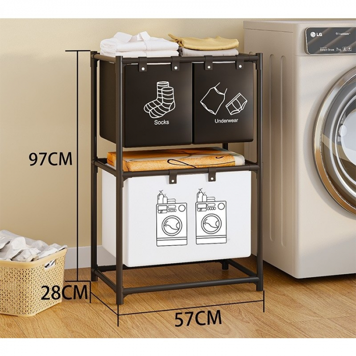 Cos de Rufe, , cu 2 Etaje, , 3 Cosuri, Cadru de Otel Inoxidabil, 97x28x57 cm, Negru [2]
