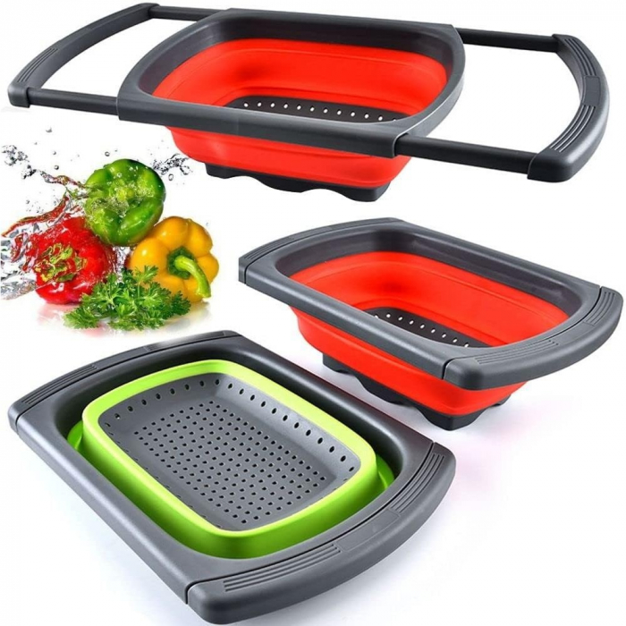 Cos de Scurgere Retractabil pentru Chiuveta, , cu Filtru, pentru Fructe si Legume, de Uz Casnic, 39x12 cm, Design Extensibil pana la 61 cm, cu Manere de Prindere, Rosu [5]