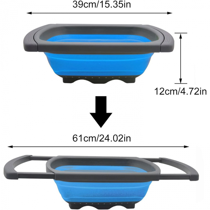 Cos de Scurgere Retractabil pentru Chiuveta, , cu Filtru, pentru Fructe si Legume, de Uz Casnic, 39x12 cm, Design Extensibil pana la 61 cm, cu Manere de Prindere, Albastru [6]