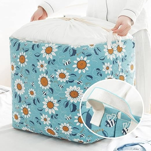 Cos depozitare, , Capac cu Snur, 175 L, Confectionat din Bumbac si un Strat Impermeabil, 50 x 50 x 70 cm, Albastru Deschis, Imprimeu Flori [5]