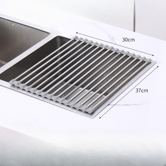 Covoras de Scurgere pentru Chiuveta Bucatarie, din Otel Inoxidabil, Suport Chiuveta, Pliabil, Antiderapant, Usor de Curatat si de Depozitat, 37x30cm, 15 Tuburi, Gri [6]