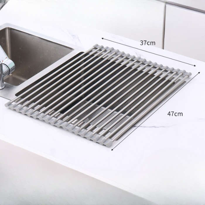 Covoras de Scurgere pentru Chiuveta Bucatarie, din Otel Inoxidabil, Suport Chiuveta, Pliabil, Antiderapant, Usor de Curatat si de Depozitat, 47x37cm, 18 Tuburi, Gri [6]