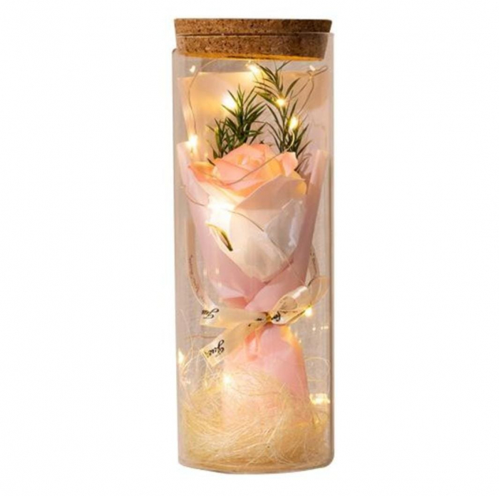 Cupola din sticla cu lumini led, cu trandafir de sapun in buchet, 22cm,   [3]