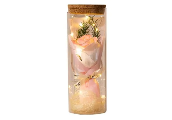 Cupola din sticla cu lumini led, cu trandafir de sapun in buchet, 22cm,   [1]