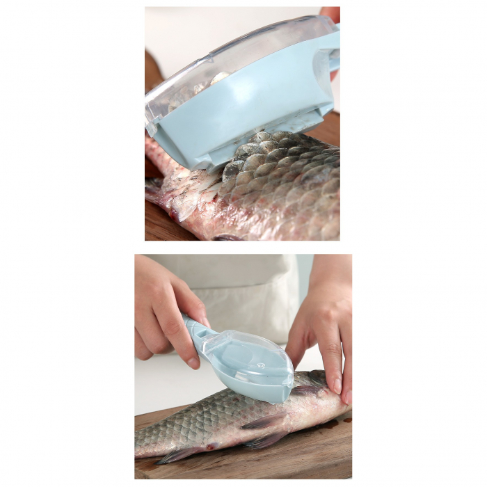 Curatator Manual Solzi de Peste, , Forma Peste , Recipient cu Capcac pentru Solzi, Plastic, Albastru deschis, 16x6 cm [4]