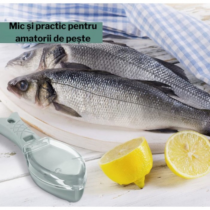 Curatator Manual Solzi de Peste, , Forma Peste , Recipient cu Capcac pentru Solzi, Plastic, Verde deschis, 16x6 cm [7]