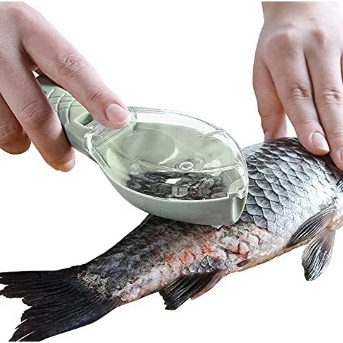 Curatator Manual Solzi de Peste, , Forma Peste , Recipient cu Capcac pentru Solzi, Plastic, Verde deschis, 16x6 cm [6]