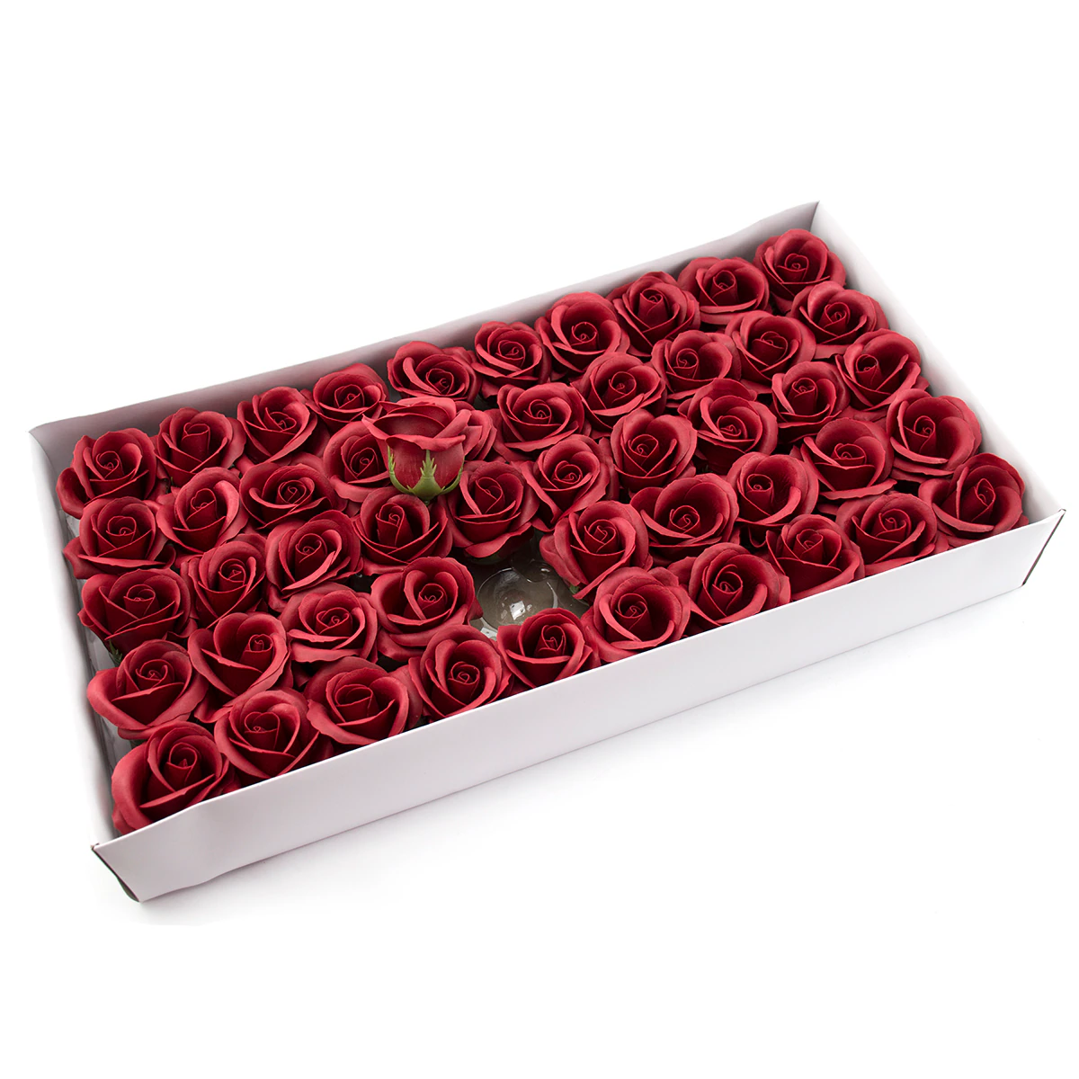 Cutie 50 trandafiri rosii intens din sapun – flori artificiale parfumate pentru cadouri si decor [1]