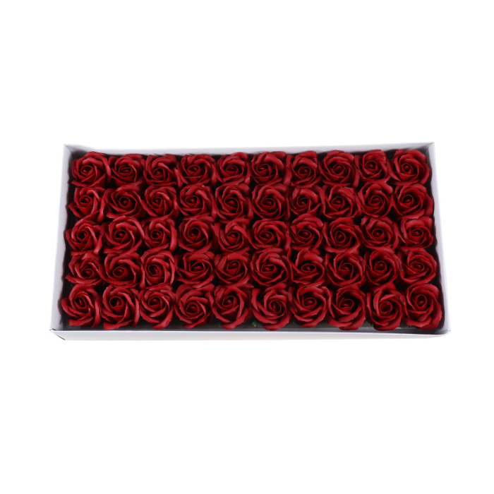 Cutie 50 trandafiri rosii intens din sapun – flori artificiale parfumate pentru cadouri si decor [2]
