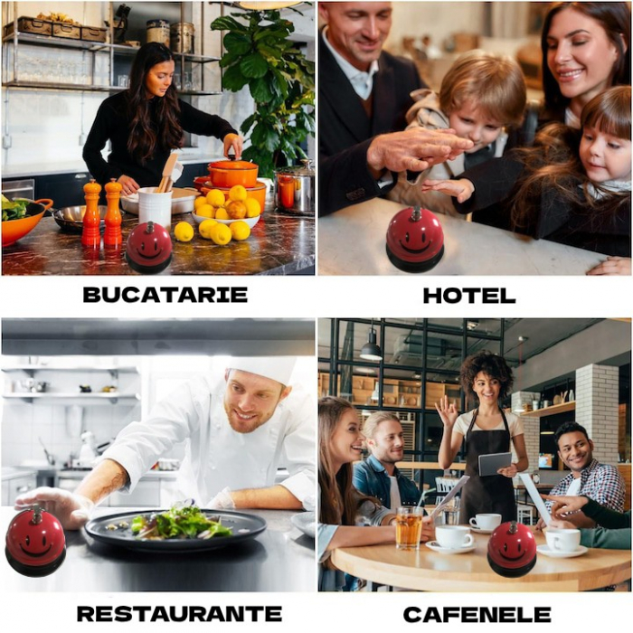 Clopotel Metalic Multifunctional, , Rosu cu Imprimeu Smiley Face, 7.5x7.5x6.5 cm, Receptie, Restaurant, Cafenele [2]