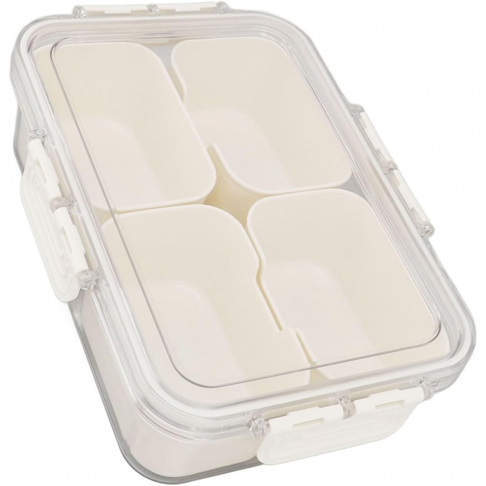 Cutie Alimentara Multifunctionala, , pentru Condimente, Gustari,  Inchidere Etans, cu Capac si Maner, 4 Compartimente, 25 x 8 x 18 cm, Alb [1]