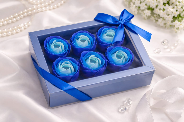 Cutie cadou cu 6 trandafiri din spuma 14.5x10x5.5 cm albastra, cadou primavara [2]
