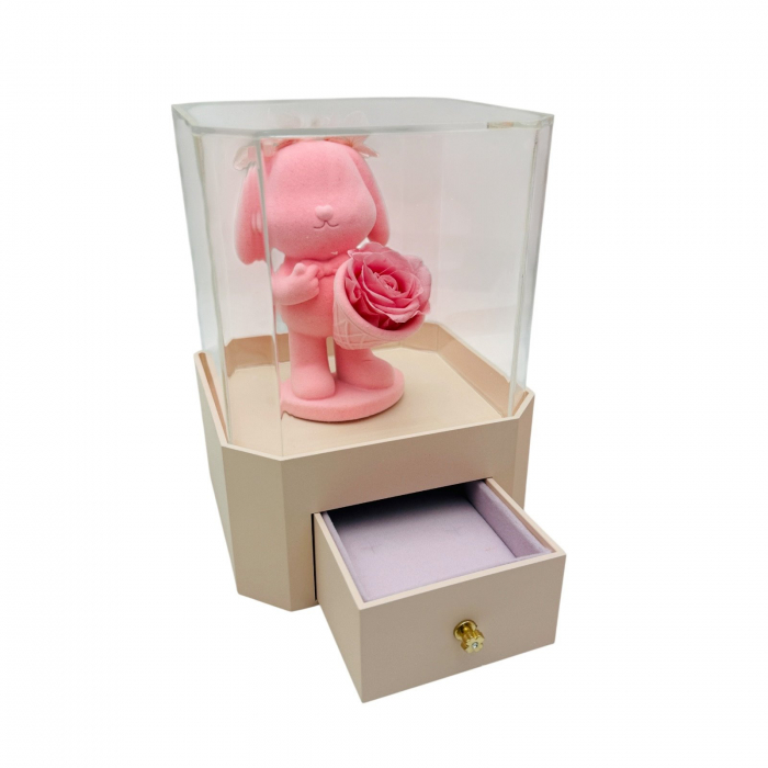 Cutie cadou „La Rosa” cu iepuras decorativ, trandafir CRIOGENAT si sertar elegant – Cadou unic pentru vanzare  [6]