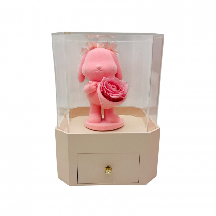 Cutie cadou „La Rosa” cu iepuras decorativ, trandafir CRIOGENAT si sertar elegant – Cadou unic pentru vanzare  [7]