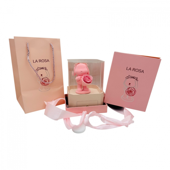 Cutie cadou „La Rosa” cu iepuras decorativ, trandafir CRIOGENAT si sertar elegant – Cadou unic pentru vanzare  [4]