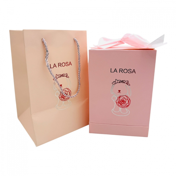 Cutie cadou „La Rosa” cu iepuras decorativ, trandafir CRIOGENAT si sertar elegant – Cadou unic pentru vanzare  [5]