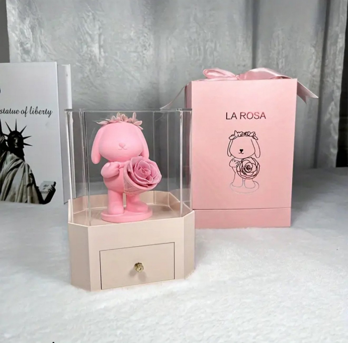 Cutie cadou „La Rosa” cu iepuras decorativ, trandafir CRIOGENAT si sertar elegant – Cadou unic pentru vanzare  [3]
