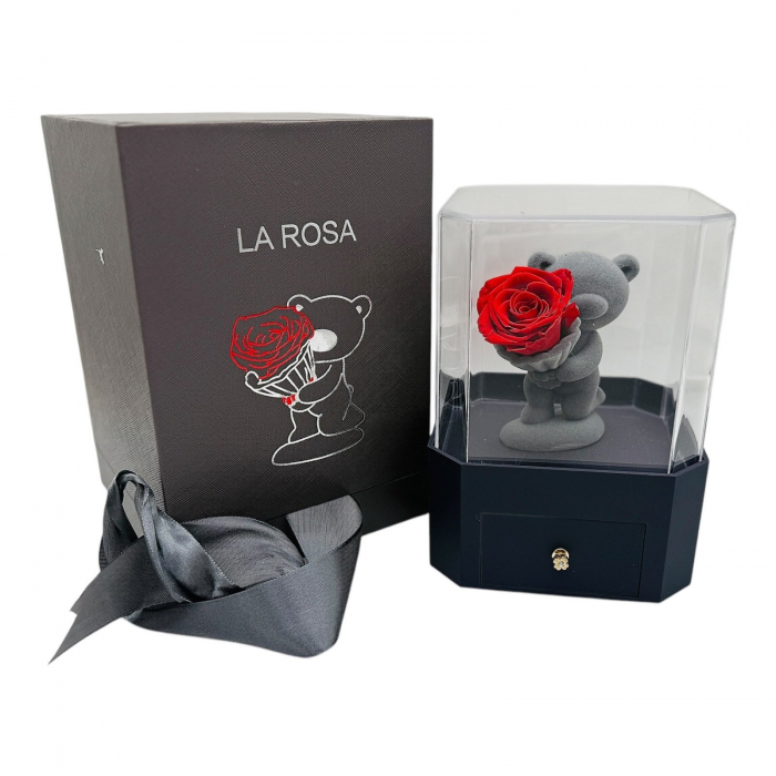 Cutie cadou luxoasa cu ursulet decorativ, trandafir criogenat si sertar pentru daruri personalizate  [6]