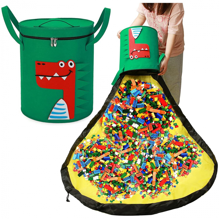 Cutie de Depozitare 2In1, , Impermeabila, Covor pentru Jucarii si Lego 150cm, Capacitate Mare, cu Manere, cu Sfori, Inaltime 40cm, Model Crocodil, Verde [4]