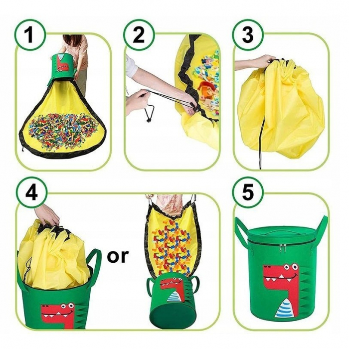 Cutie de Depozitare 2In1, , Impermeabila, Covor pentru Jucarii si Lego 150cm, Capacitate Mare, cu Manere, cu Sfori, Inaltime 40cm, Model Crocodil, Verde [3]