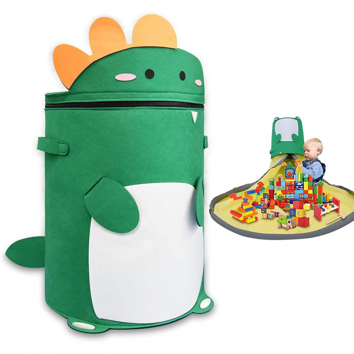 Cutie de Depozitare 2In1, , Impermeabila, Covor pentru Jucarii si Lego 150cm, Capacitate Mare, cu Manere, cu Sfori, Inaltime 40cm, Model Dinozaur, Verde [5]