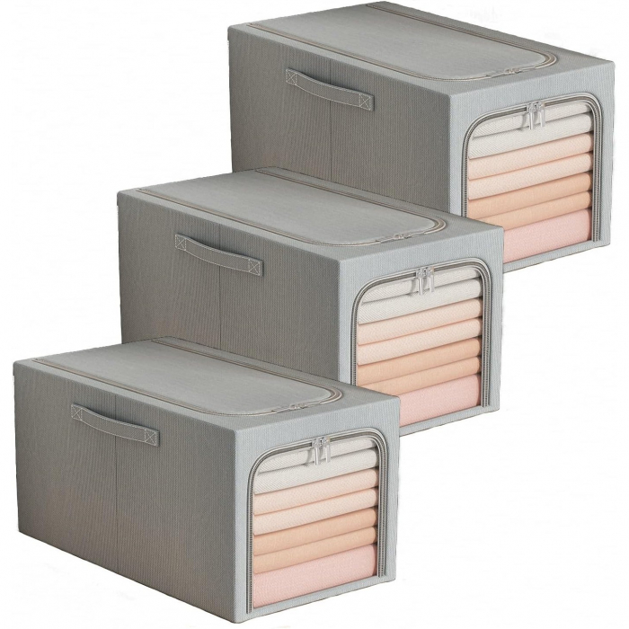 Cutie de Depozitare, , 49L, din In si Bumbac, Pliabila, Cadru din Otel, 47 x 35 x 30 cm, Albastru Fumuriu [6]