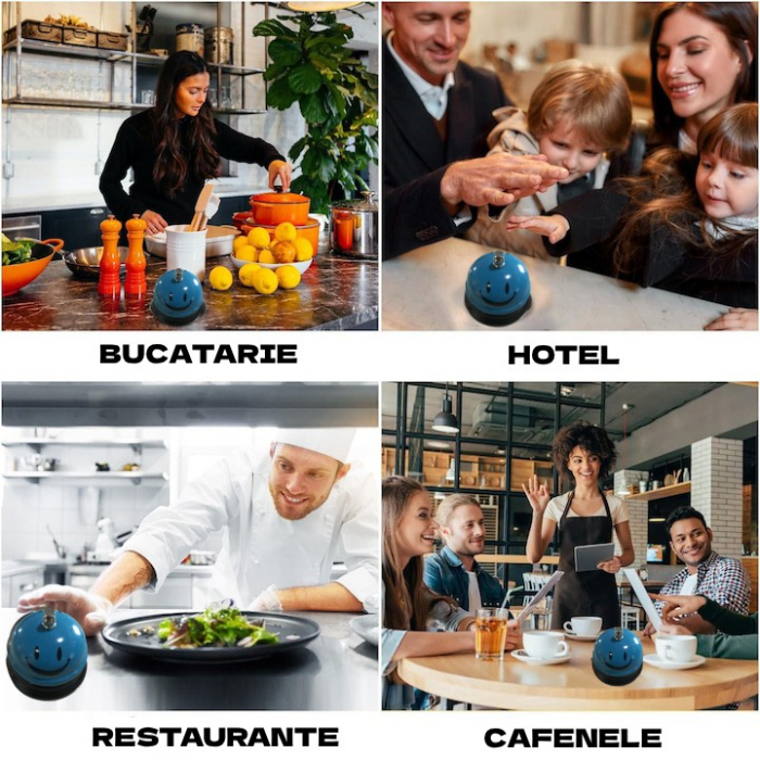 Clopotel Metalic Multifunctional, , Albastru Deschis cu Imprimeu Smiley Face, 7.5x7.5x6.5 cm, Receptie, Restaurant [2]