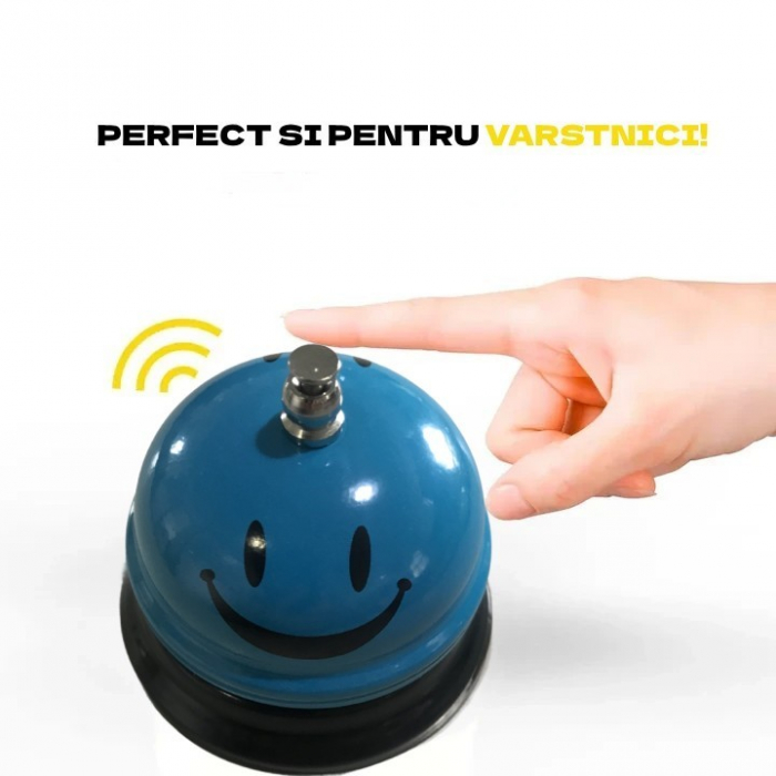 Clopotel Metalic Multifunctional, , Albastru Deschis cu Imprimeu Smiley Face, 7.5x7.5x6.5 cm, Receptie, Restaurant [4]