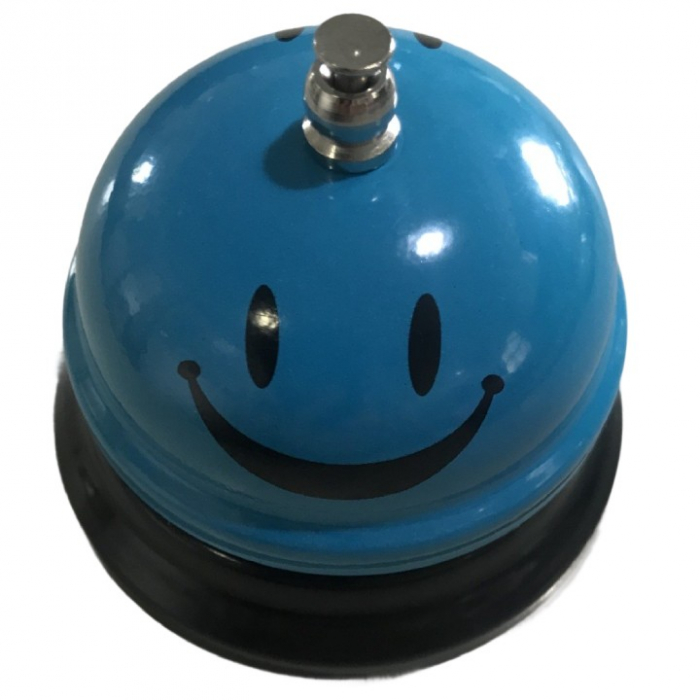 Clopotel Metalic Multifunctional, , Albastru Deschis cu Imprimeu Smiley Face, 7.5x7.5x6.5 cm, Receptie, Restaurant [1]