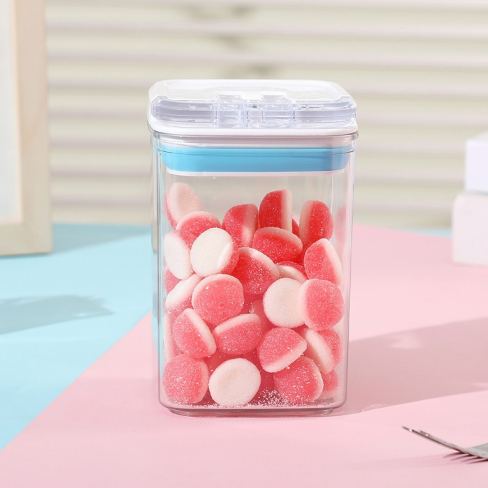 Cutie de Depozitare Alimente, , tip Container, 0.8L, 10x10x15.5 cm, Recipiente pentru Cereale in Bucatarie,  Transparente cu Capac Alb-Albastru [3]