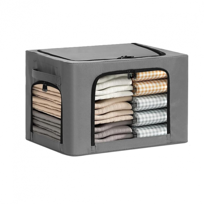 Cutie de Depozitare, , cu 3 Ferestre cu Fermoar Bidirectional, Cadru din Otel, Impermeabil, 38L, 42 x 30 x 30 cm, Gri Inchis [1]