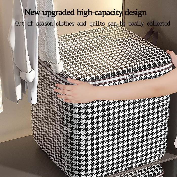 Cutie de Depozitare cu Fermoar, , Pliabila, Maner Ranforsat, Fermoar Rezistent, pentru Haine, Paturi, Plapumi, Perne, Lenjerii de Pat, Jucarii, 56x45x56 cm, 140 Litri, in Carouri, Alb-Negru [7]