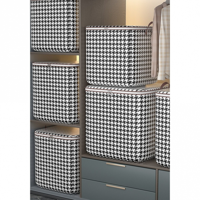 Cutie de Depozitare cu Fermoar, , Pliabila, Maner Ranforsat, Fermoar Rezistent, pentru Haine, Paturi, Plapumi, Perne, Lenjerii de Pat, Jucarii, 56x45x56 cm, 140 Litri, in Carouri, Alb-Negru [11]