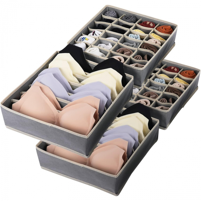Cutie De Depozitare, , Pentru Lenjerie, Sosete Si Sutiene, Material Textil, 24 Compartimente, 32 x 32 x 10 cm, Culoare Gri [5]