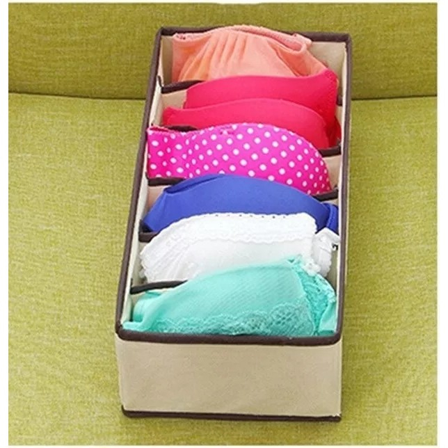 Cutie De Depozitare, , Pentru Lenjerie, Sosete Si Sutiene, Material Textil, 6 Compartimente, 32 x 16 x 10 cm, Culoare Bej [2]