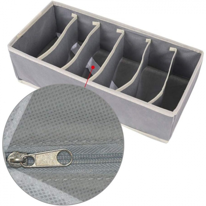 Cutie De Depozitare, , Pentru Lenjerie, Sosete Si Sutiene, Material Textil, 6 Compartimente, 32 x 16 x 10 cm, Culoare Gri [4]