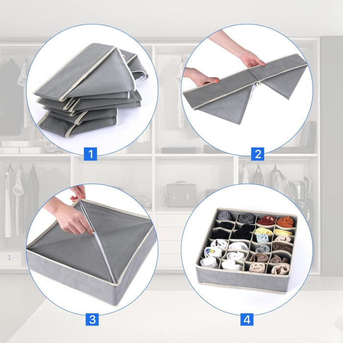 Cutie De Depozitare, , Pentru Lenjerie, Sosete Si Sutiene, Material Textil, 7 Compartimente, 32 x 32 x 10 cm, Culoare Gri [5]