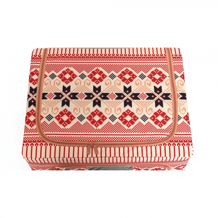 Cutie de Depozitare Pliabila, ,100 L din Bumbac si In, 60X42X40 cm, Fereastra Frontala, 2 Usi de Acces cu Fermoar Bidirectional, Cadru Metalic, Suport Baza Stabil din Plastic, Motiv Traditional Model  [2]