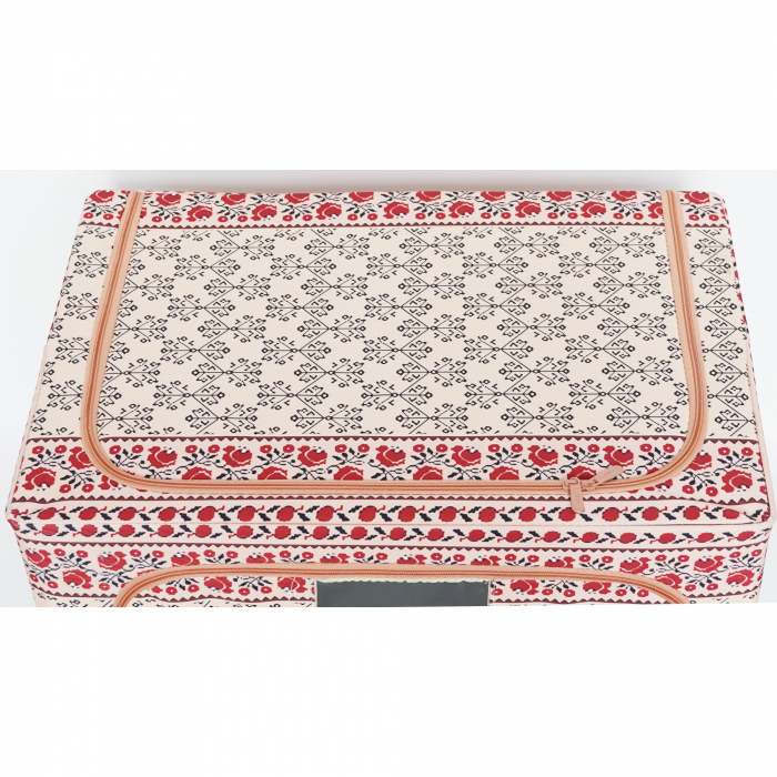 Cutie de Depozitare Pliabila, ,100 L din Bumbac si In, 60X42X40 cm, Fereastra Frontala, 2 Usi de Acces cu Fermoar Bidirectional, Cadru Metalic, Suport Baza Stabil din Plastic, Motiv Traditional Model  [3]