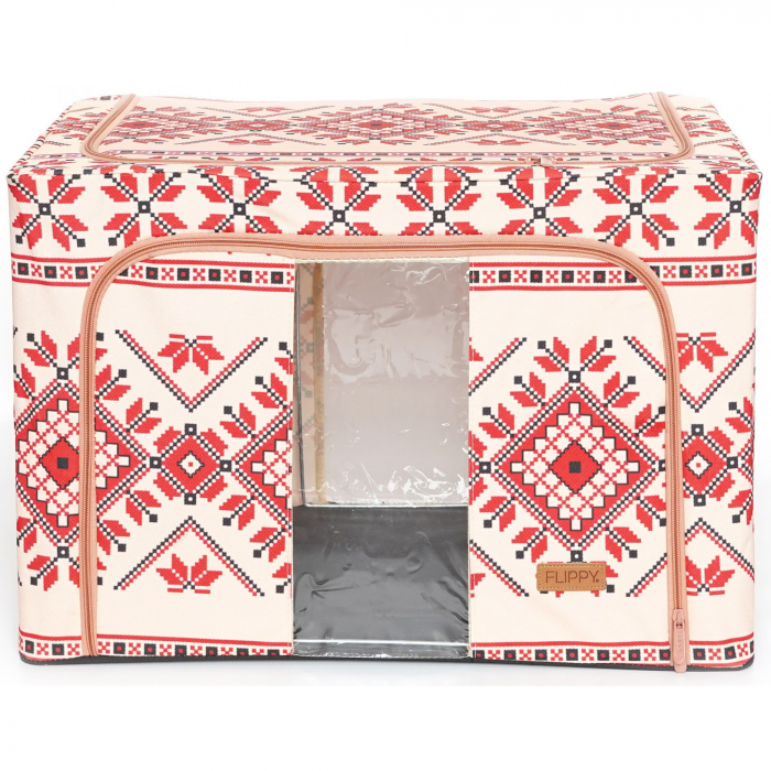 Cutie de Depozitare Pliabila, ,100 L din Bumbac si In, 60X42X40 cm, Fereastra Frontala, 2 Usi de Acces cu Fermoar Bidirectional, Cadru Metalic, Suport Baza Stabil din Plastic, Motiv Traditional Model  [1]