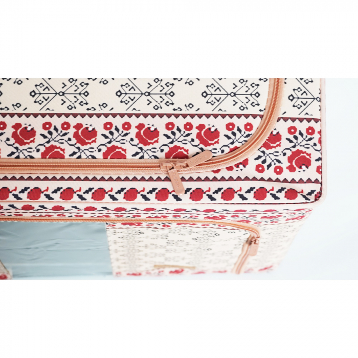 Cutie de Depozitare Pliabila, ,100 L din Bumbac si In, 60X42X40 cm, Fereastra Frontala, 2 Usi de Acces cu Fermoar Bidirectional, Cadru Metalic, Suport Baza Stabil din Plastic, Motiv Traditional Model  [4]