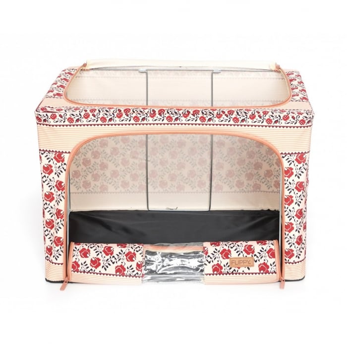 Cutie de Depozitare Pliabila, ,100 L din Bumbac si In, 60X42X40 cm, Fereastra Frontala, 2 Usi de Acces cu Fermoar Bidirectional, Cadru Metalic, Suport Baza Stabil din Plastic, Motiv Traditional Model  [9]