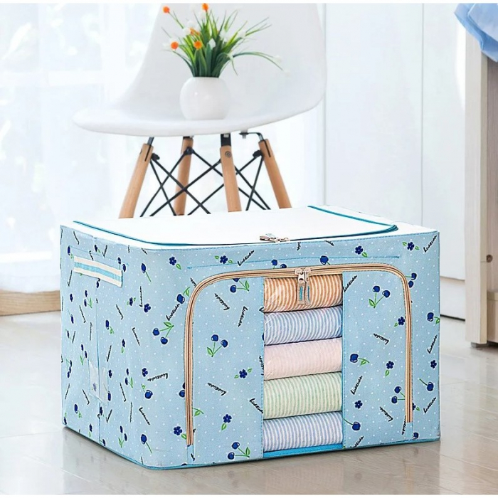 Cutie de Depozitare Pliabila, , 100 L, din Tesatura Oxford, 60x42x40 cm, Fereastra Frontala, 2 Usi de Acces cu Fermoar Bidirectional, Cadru Metalic, Suport Baza Stabil din Plastic, Imprimeu Cirese, Al [1]