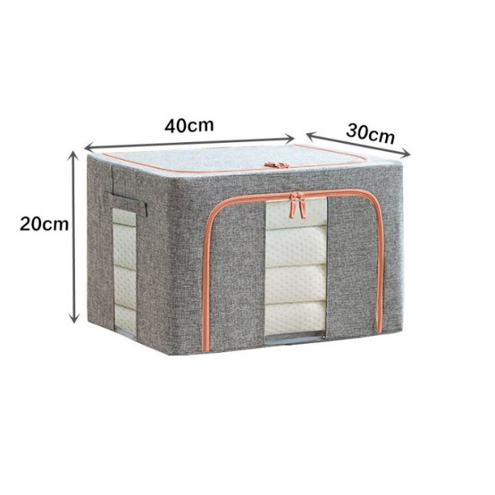 Cutie de Depozitare Pliabila, , 24 L, din Bumbac si In, 40x30x20 cm, 2 Ferestre, Frontala si Laterala, 2 Usi de Acces cu Fermoar Bidirectional, Cadru Metalic, Suport Baza Stabil din Plastic, Gri [1]